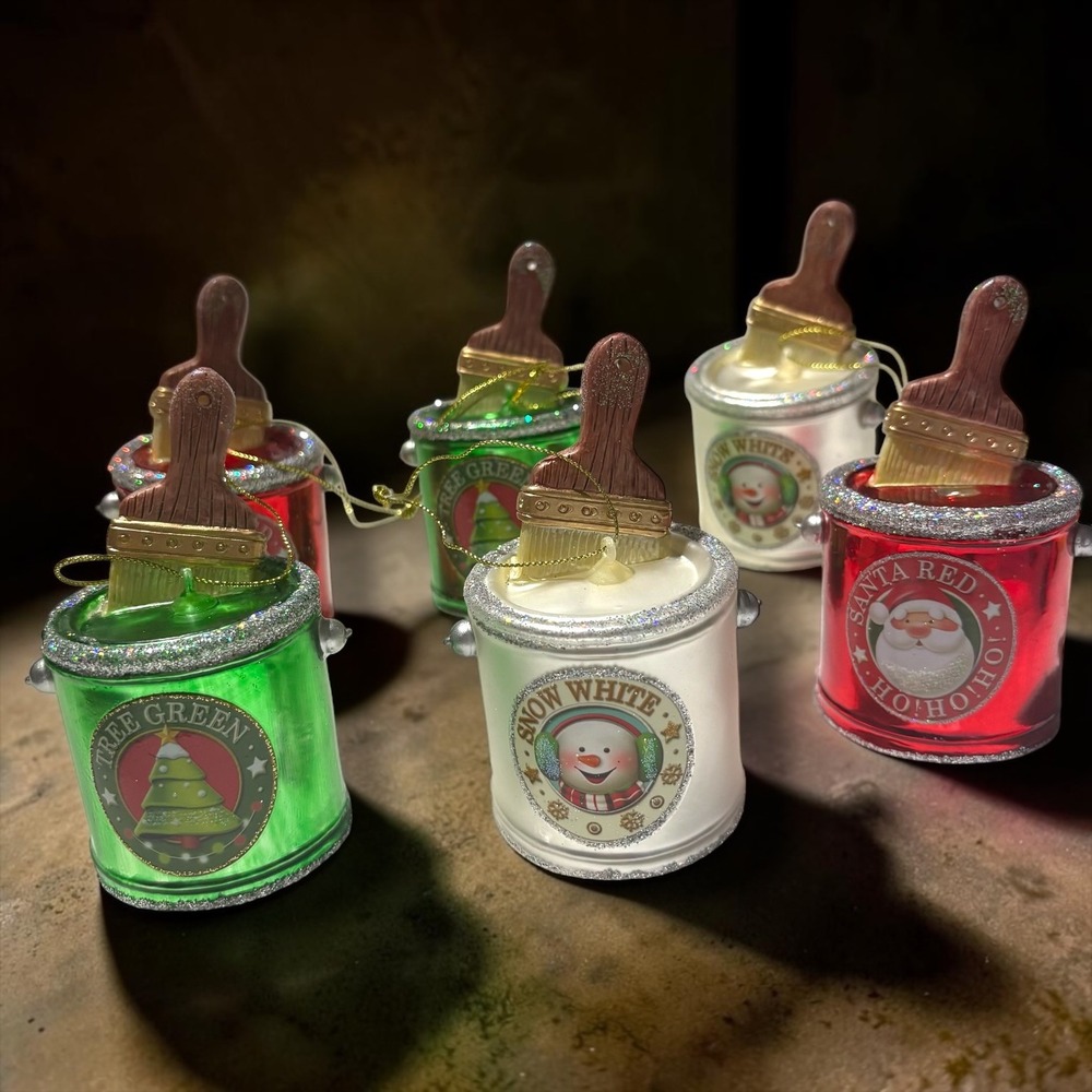 Vintage Russian 6pc Glass Christmas Paint Can Ornaments Lighted Unique